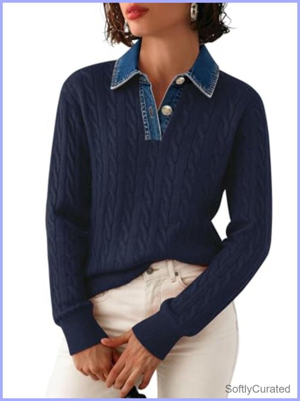 Cable Knit Pullover Sweater Denim Lapel V Neck Button Loose Fit Casual